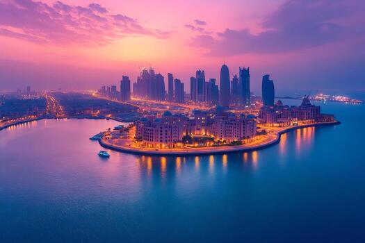 Aerial view of Doha skyline at sunset, with illuminated skyscrapers and a waterfront island surrounded by calm blue water.
